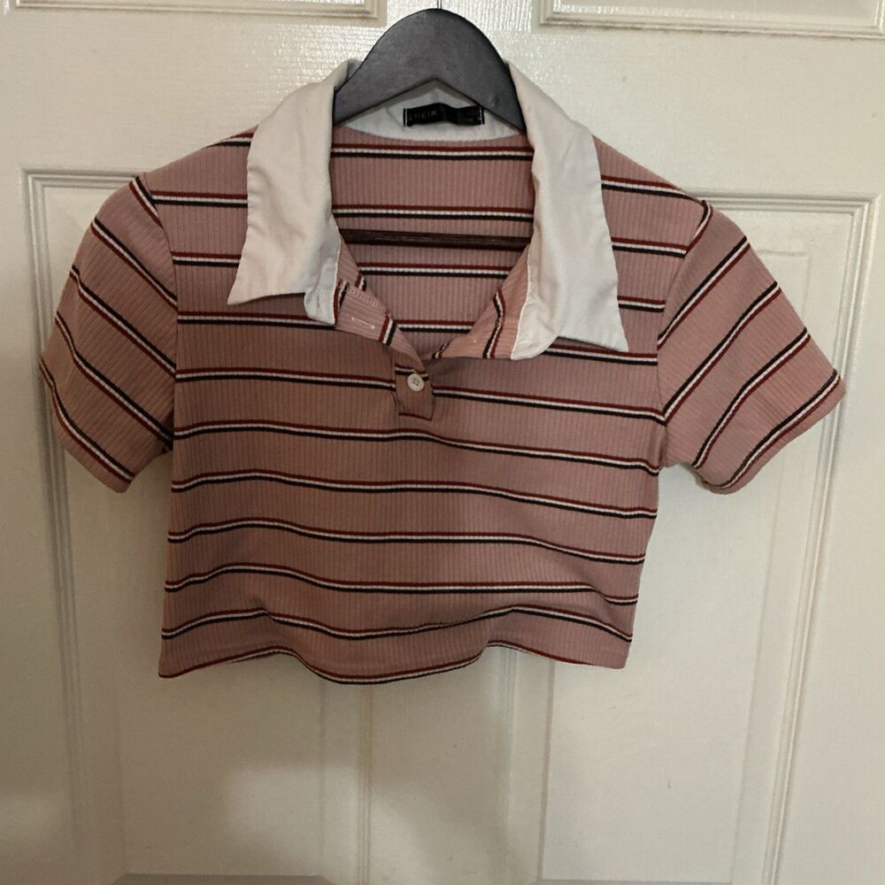 SHEIN Striped Cropped Collared Short Sleeve T-Shirt Pink White S